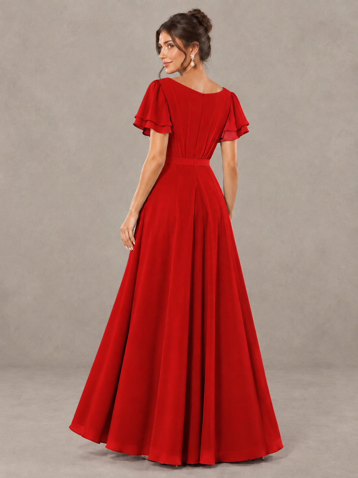BOLODOO Red Flutter Sleeve Ruffle Bridesmaid Dress with Slit - Red - Red (2)