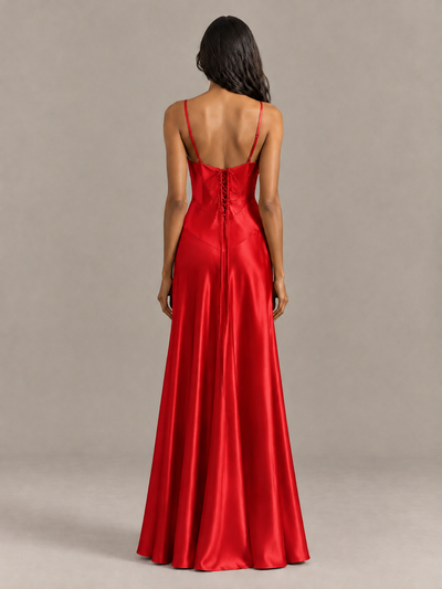 BOLODOO Red Satin Lace-Up Back Maxi Dress - Red