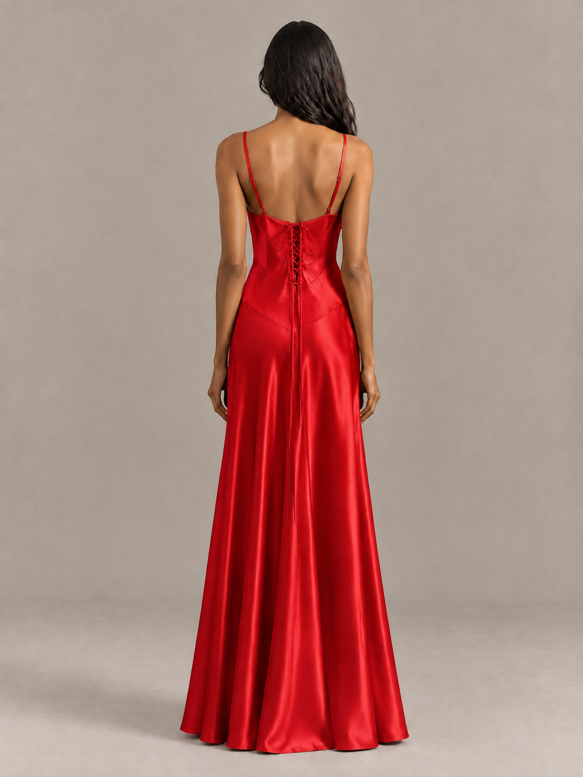 BOLODOO Red Satin Lace-Up Back Maxi Dress - Red