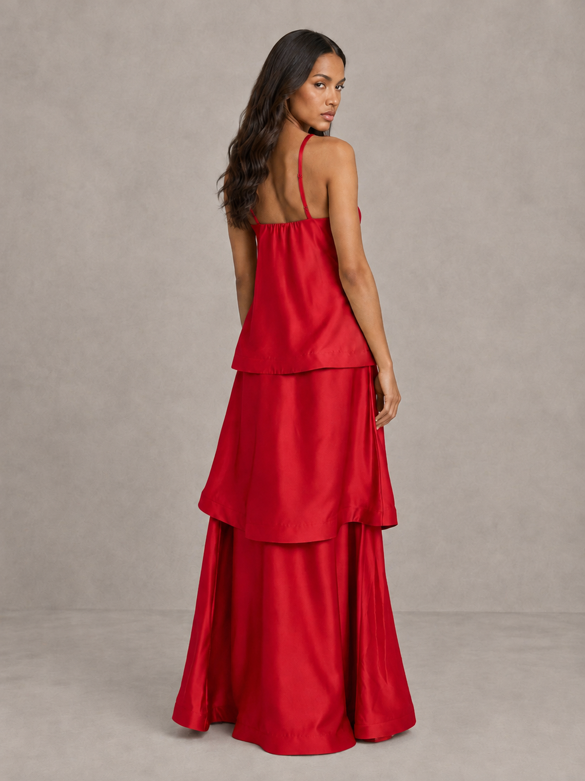BOLODOO Red Satin Tiered Maxi Dress with Spaghetti Straps - Red