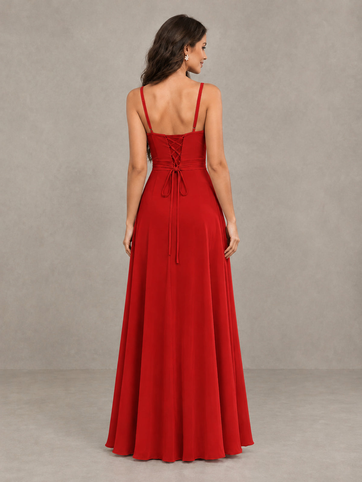 BOLODOO Red Spaghetti Strap Ruffle Bridesmaid Dress with Slit - Red - Red (2)