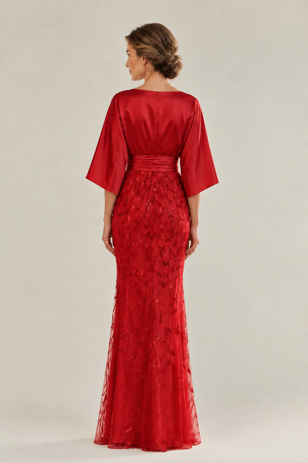 BOLODOO Red Mother of the Bride Dress with Kimono Sleeves, Satin Bodice & Sequin Embroidered Mermaid Floor-Length Gown - Red - Red (2)