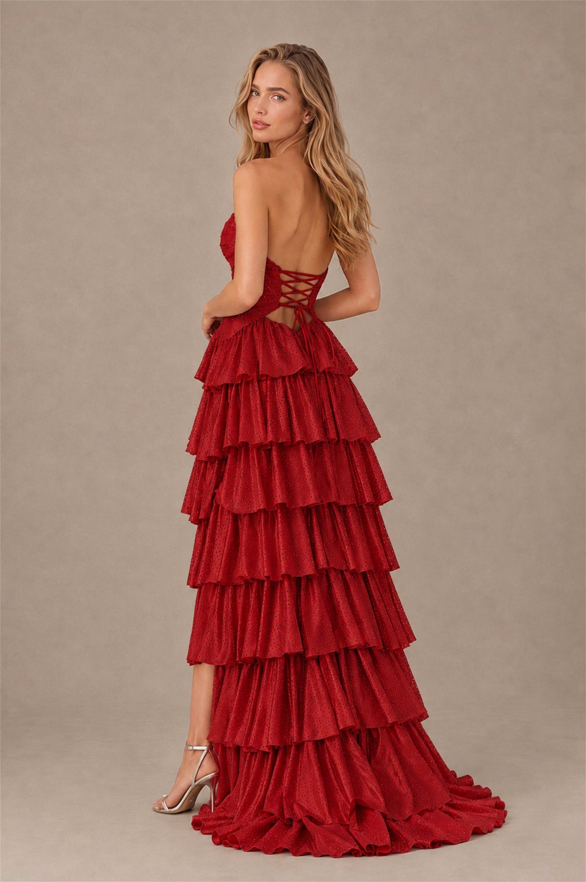 BOLODOO Red Strapless Cutout Tiered Ruffle Prom Dress with High Slit - Red - Red (2)