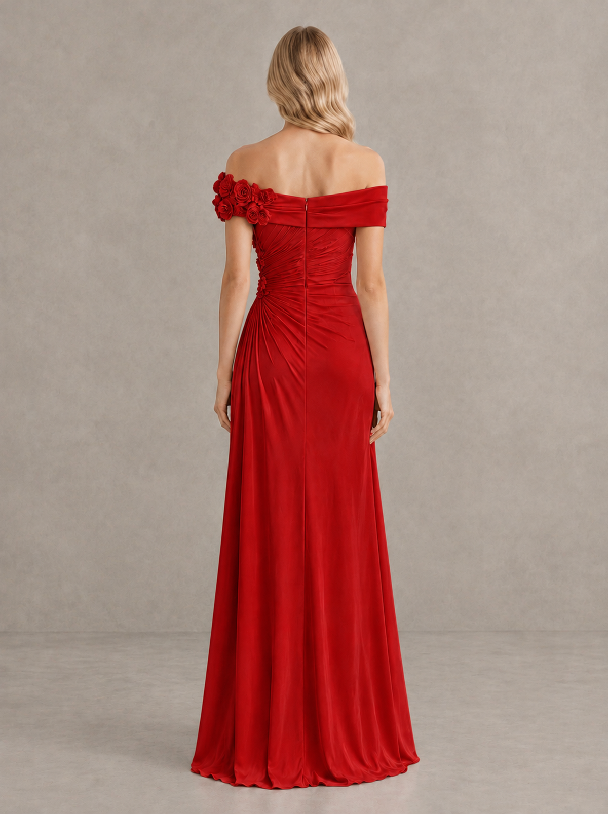 BOLODOO Red Off-Shoulder Floral Applique Wedding Guest Maxi Dress - Red - Red (2)