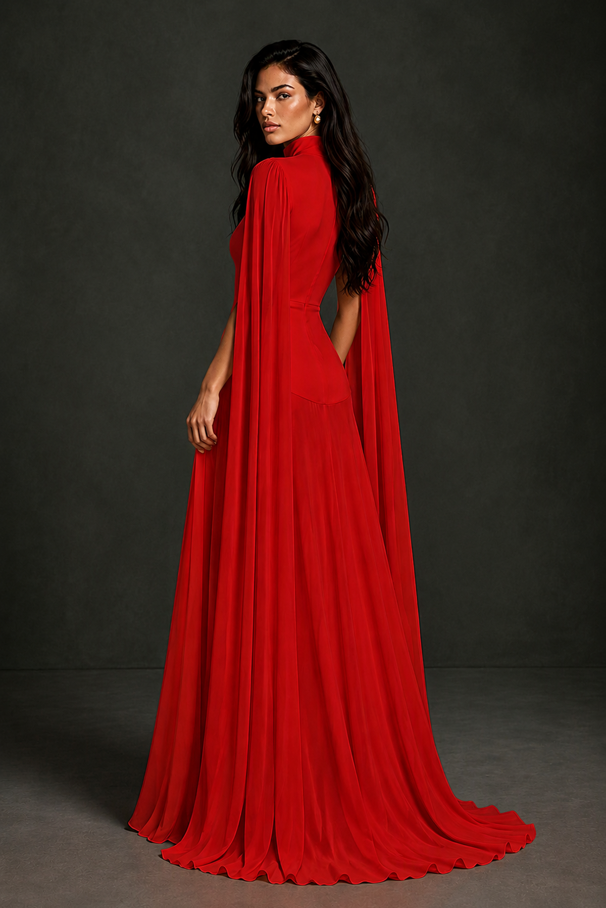 BOLODOO Red Mock Neck Cape Sleeve A-Line Chiffon Maxi Dress - Red