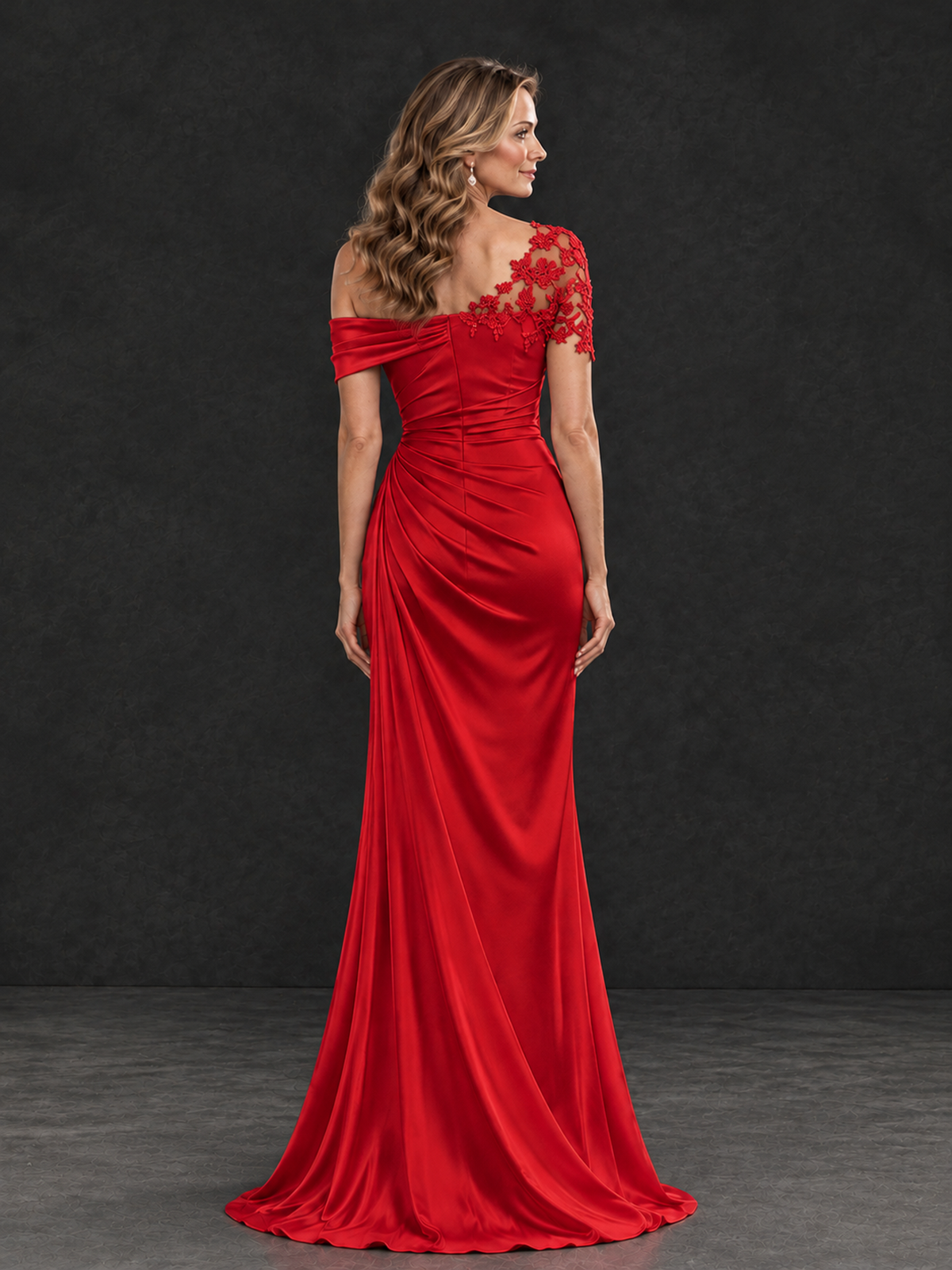 BOLODOO Red Asymmetric Satin Mother of the Bride Dress with Lace Sleeve - Red - Red (2)