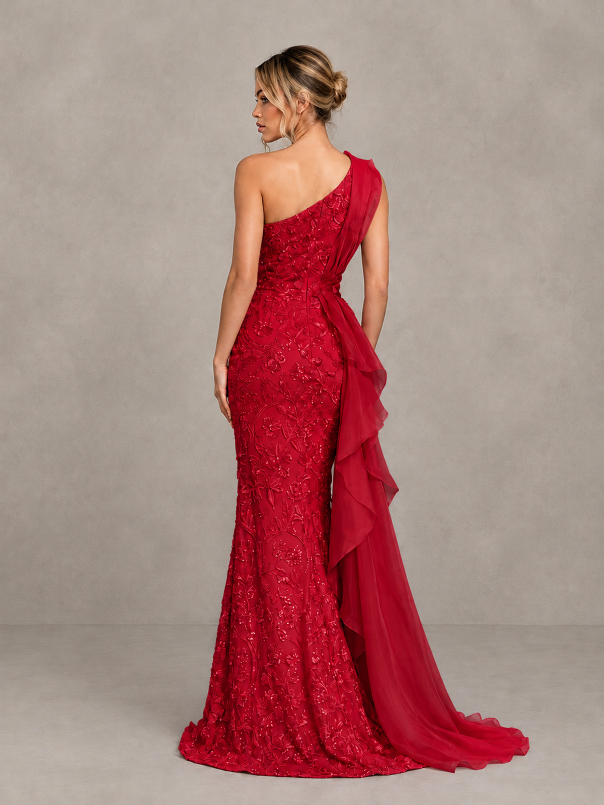 BOLODOO Red One-Shoulder Floral Lace Evening Gown with High Slit - Red - Red (2)
