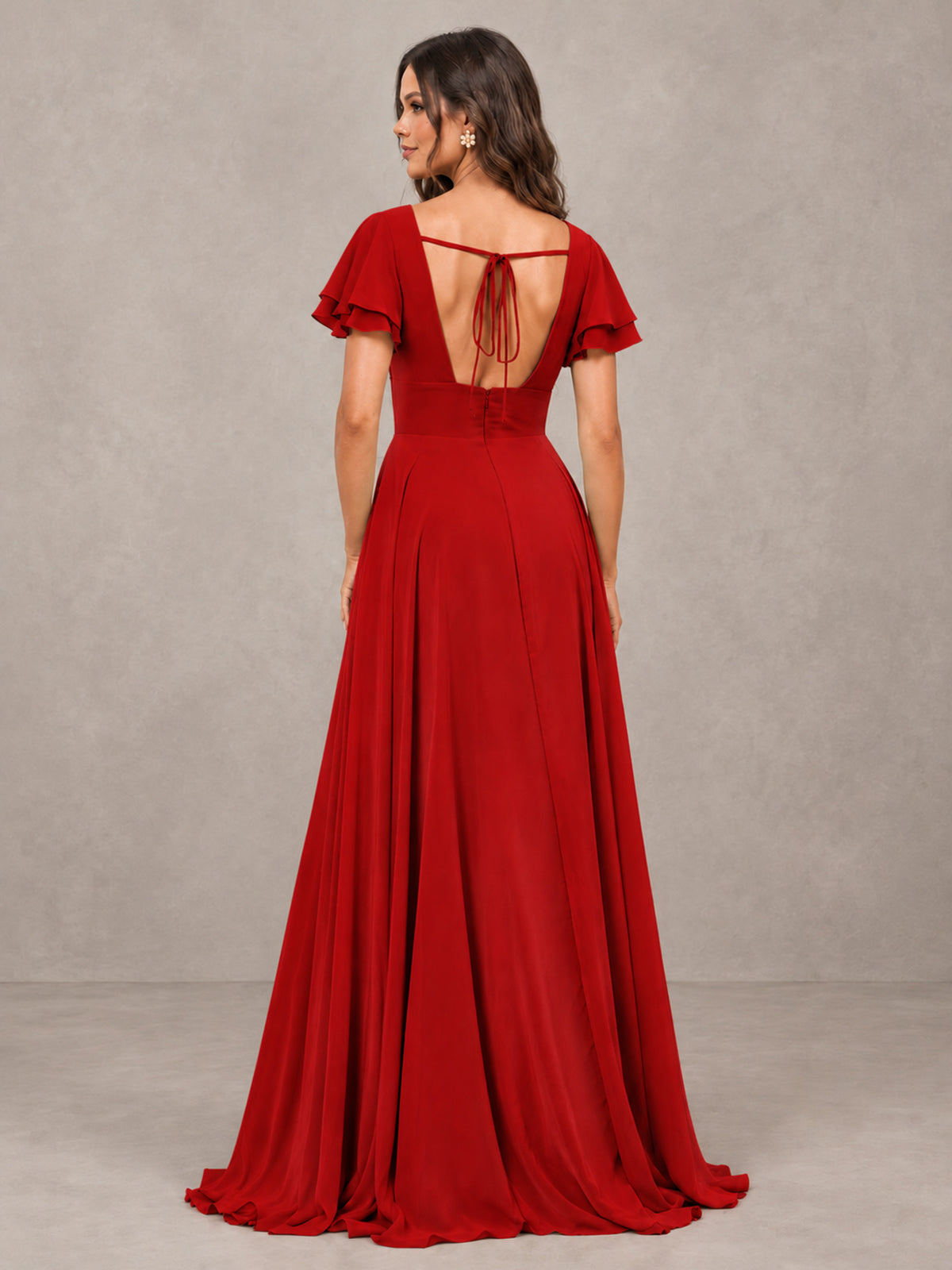 BOLODOO Red Flutter Sleeve Chiffon A-Line Maxi Bridesmaid Dress with Open Back & Slit - Red - Red (2)
