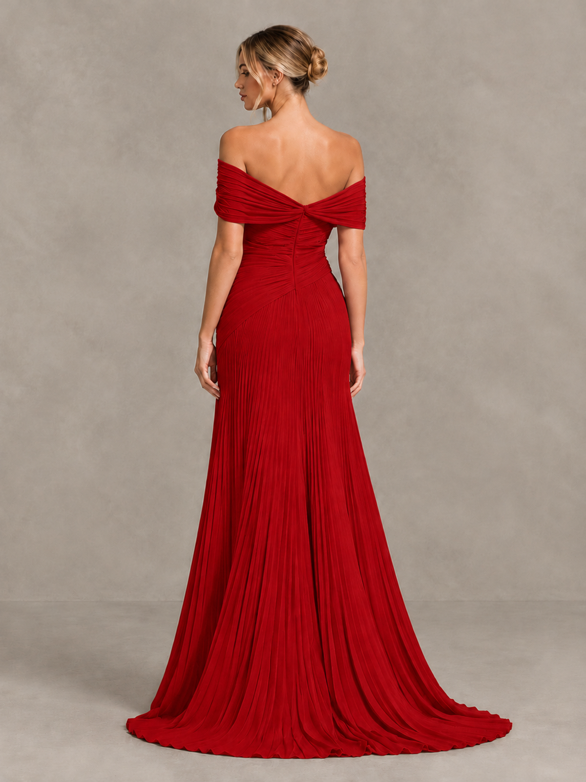 BOLODOO Red Off-Shoulder Ruched Pleated Maxi Dress with High Slit - Red - Red (2)