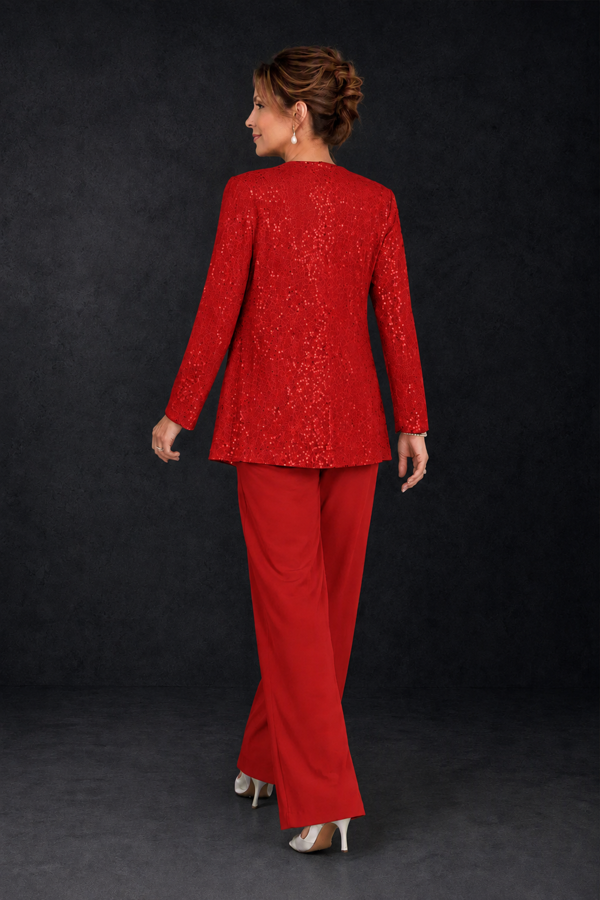 BOLODOO Red Sequin Lace 3-Piece Pant Suit with Long Sleeve Jacket - Red - Red (2)