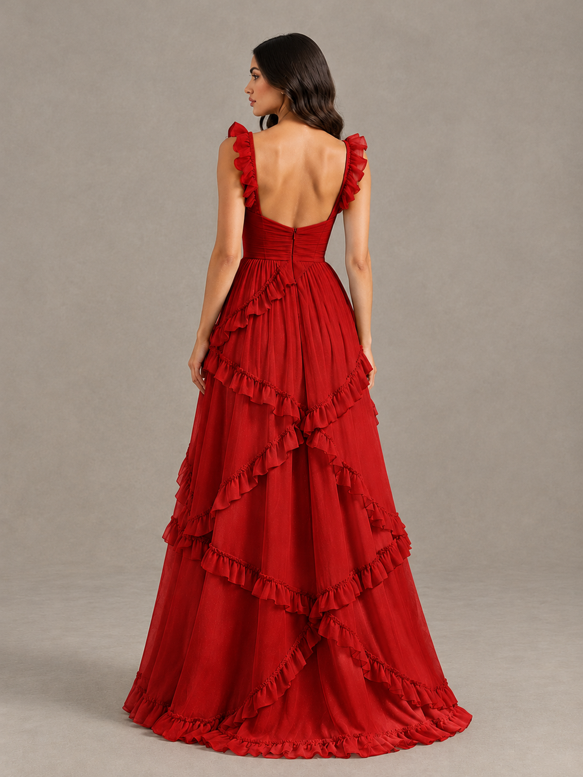 BOLODOO Red Ruffle A-Line Prom Dress with Open Back - Red - Red (2)