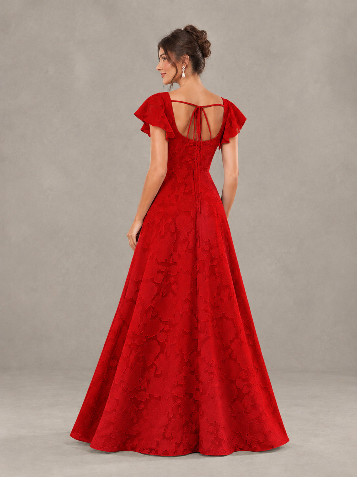 BOLODOO Red Floral Flutter Sleeve Bridesmaid Dress with Slit - Red - Red (2)