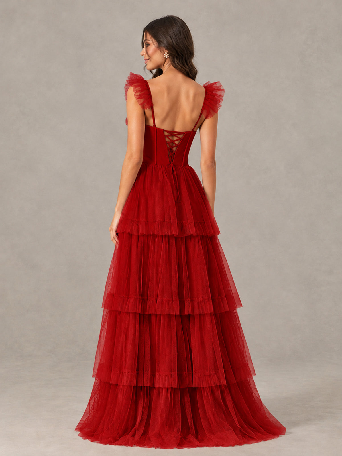 BOLODOO Red Tiered Tulle Bridesmaid Dress with Slit - Red - Red (2)