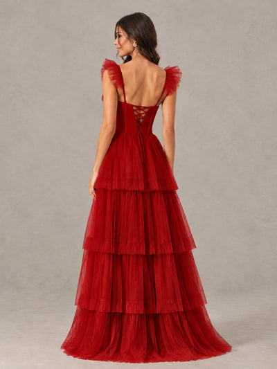 BOLODOO Red Tiered Tulle Bridesmaid Dress with Slit - Red - Red (2)