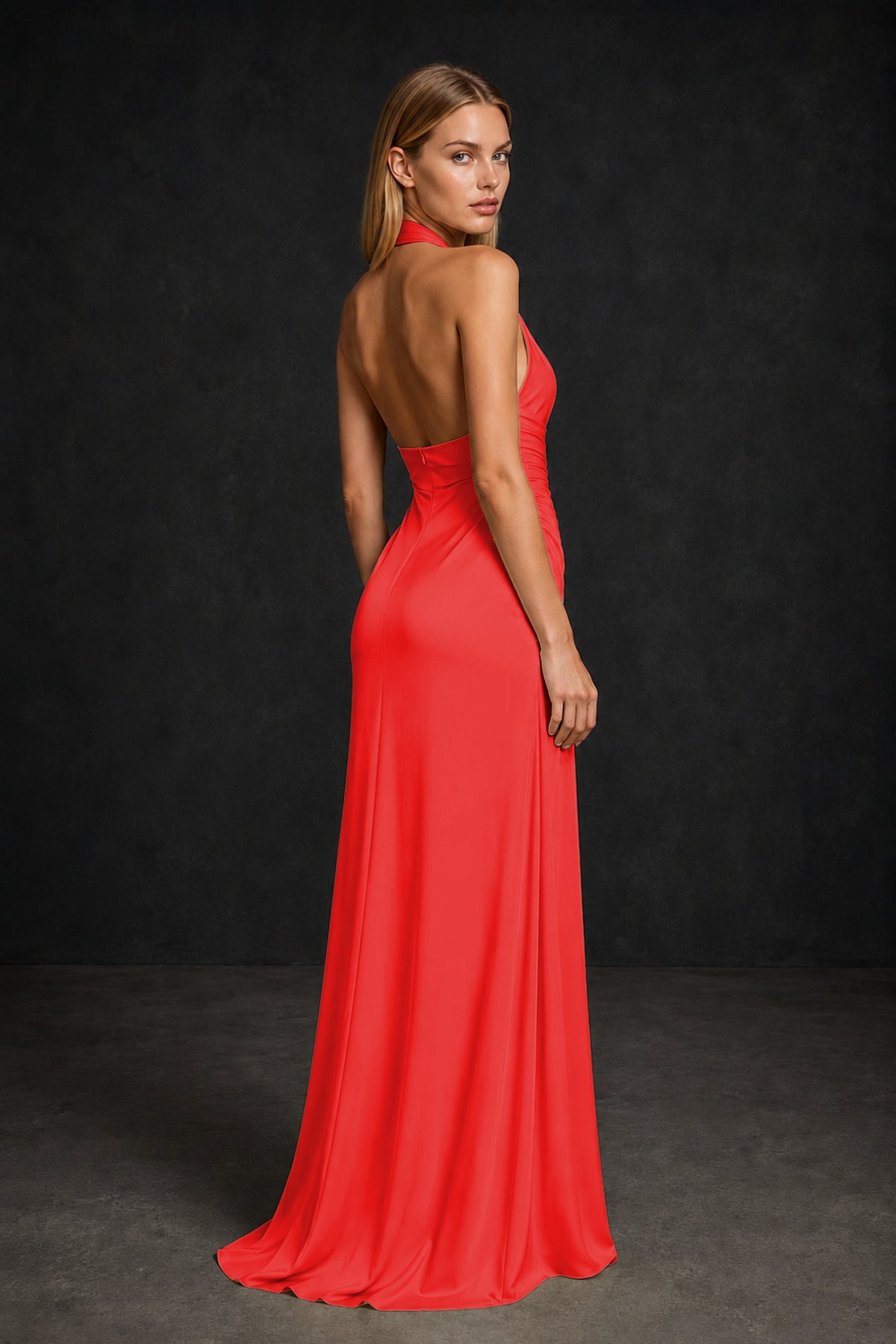 BOLODOO Red Twisted Halter Neck Ruched Sleeveless Open Back Floor-Length Gown - Red