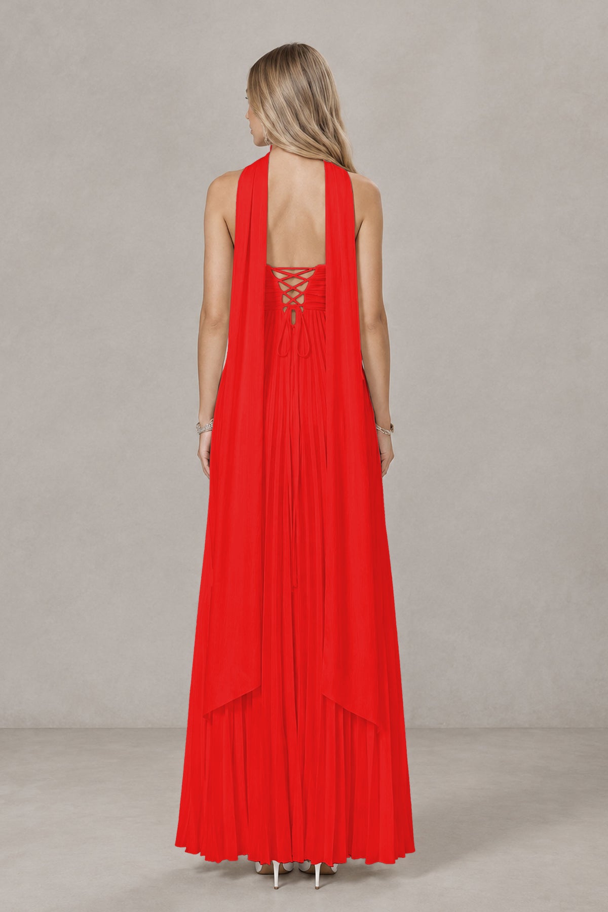 BOLODOO Red Strapless Chiffon-Look Maxi Dress with Lace-Up Back & Cape - Red