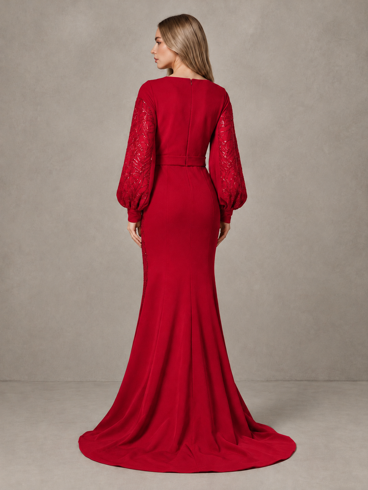 BOLODOO Red Sequin Long Bishop Sleeve Mermaid Evening Dress - Red - Red (2)