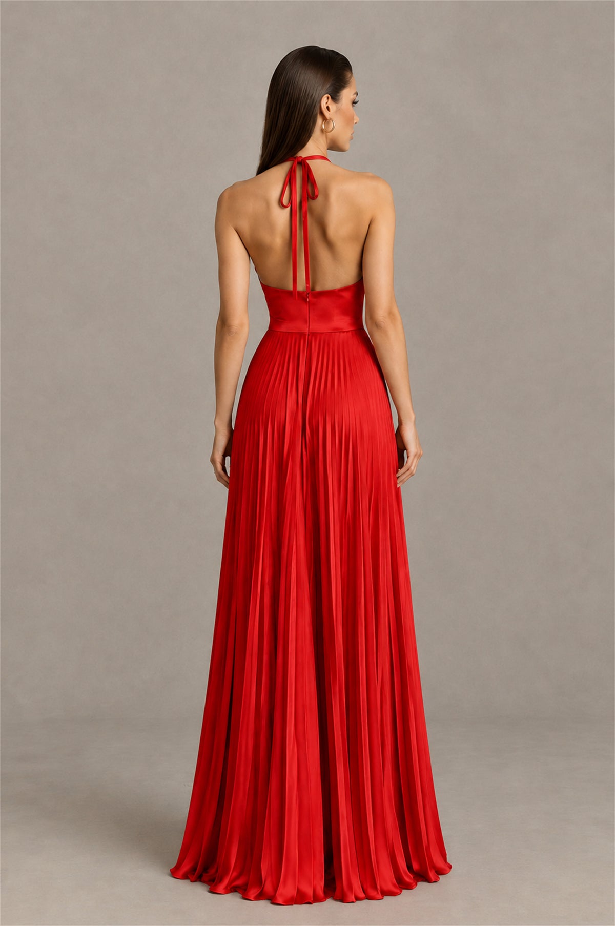 BOLODOO Red Halter Pleated A-Line Evening Dress - Red - Red (2)