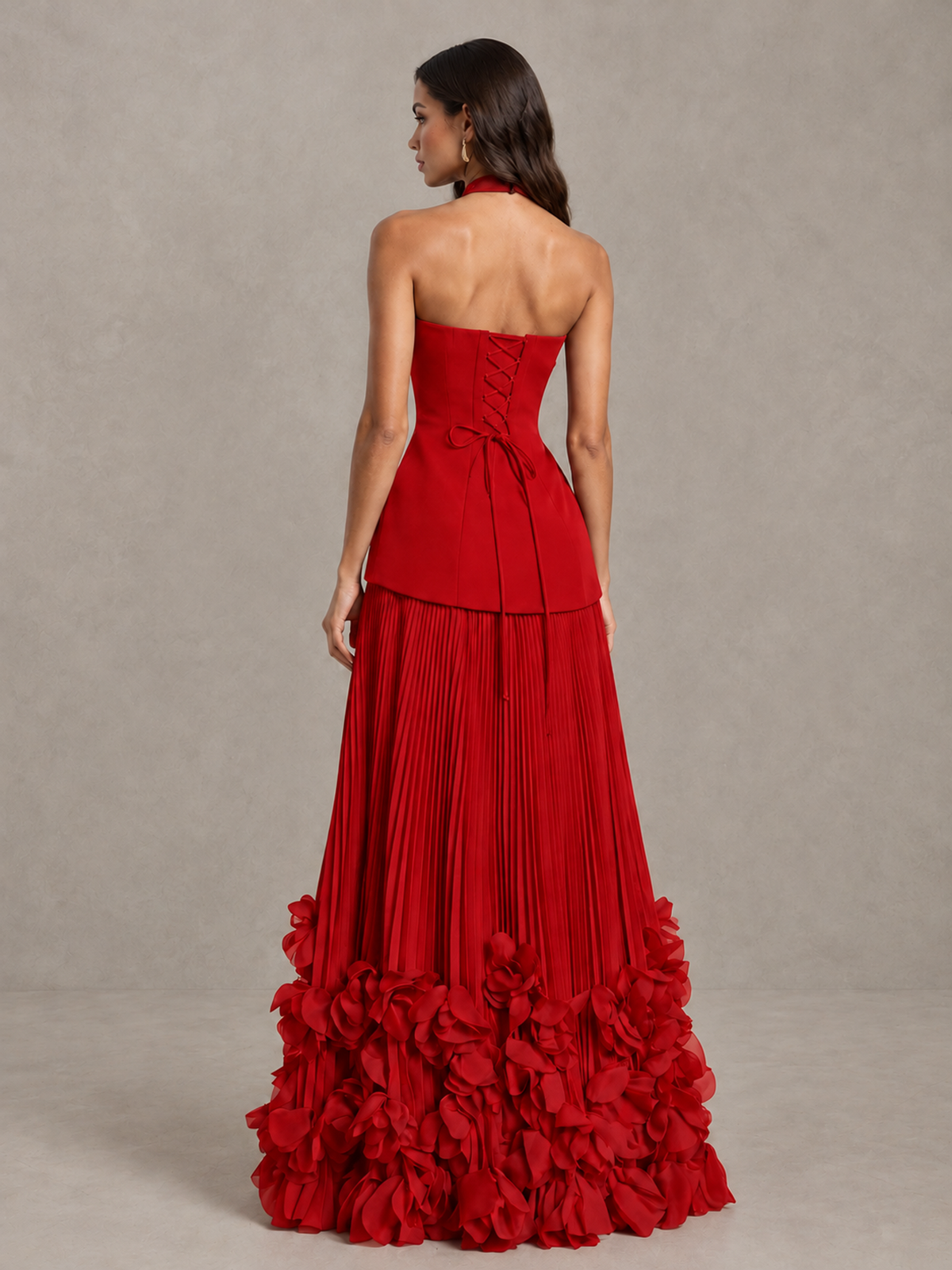 BOLODOO Red Halter Neck Floor-Length Evening Gown with High Slit & 3D Floral Hem - Red - Red (2)
