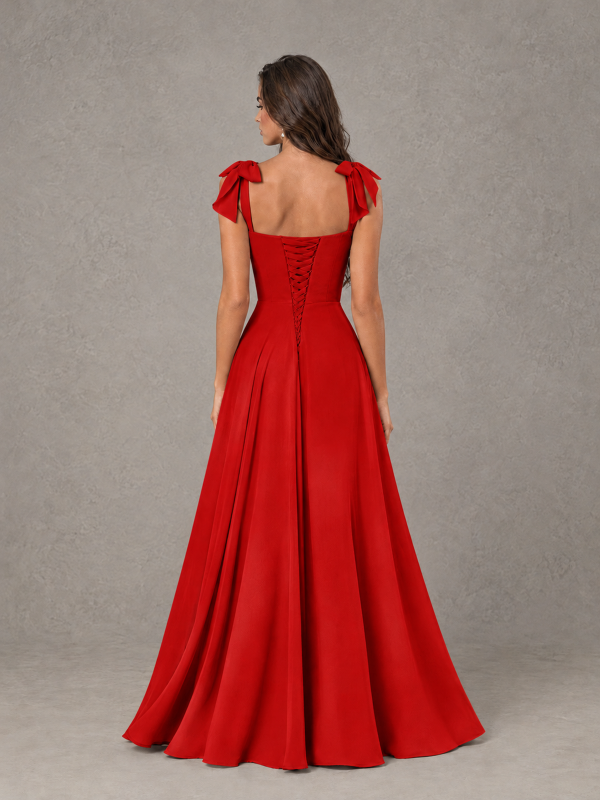 BOLODOO Red Bow-Strap Bridesmaid Dress with Ruffle Slit - Red - Red (2)