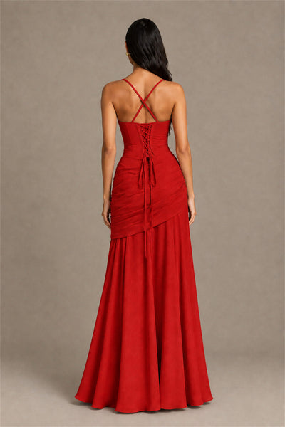 BOLODOO Square Neck Ruched A-Line Maxi Dress - Red Backless Evening Gown - Red