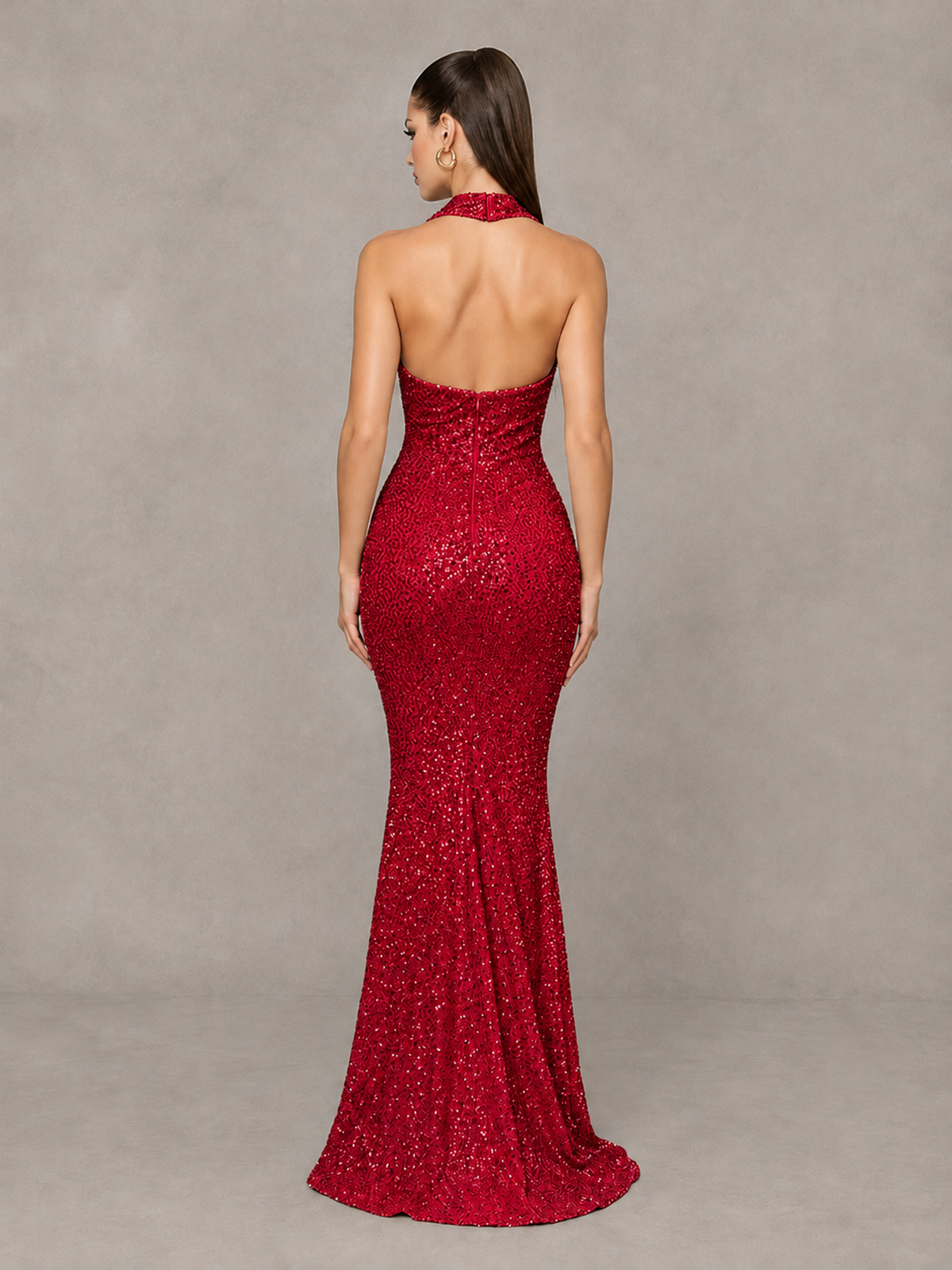 BOLODOO Red Sequin Halter Mermaid Evening Gown - Red - Red (2)