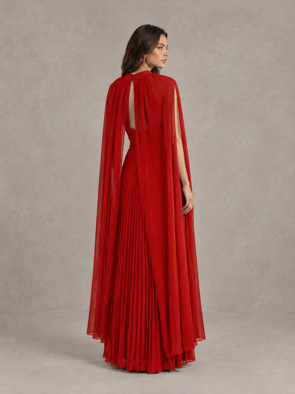 BOLODOO Red Pleated Cape Maxi Wedding Guest Dress - Red - Red (2)