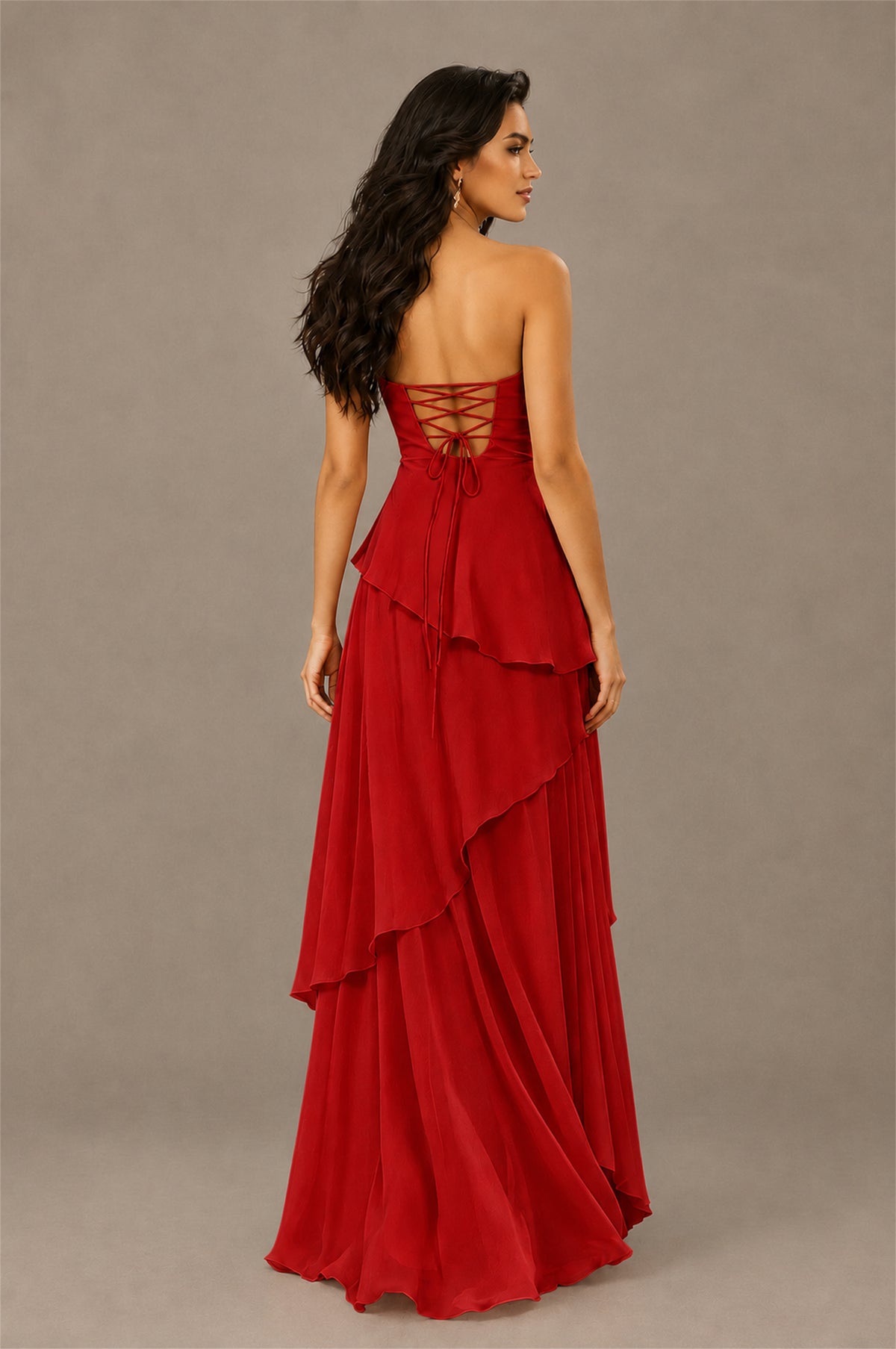 BOLODOO Red Strapless Sweetheart Knotted Chiffon Tiered Maxi Dress with Lace-Up Back - Red