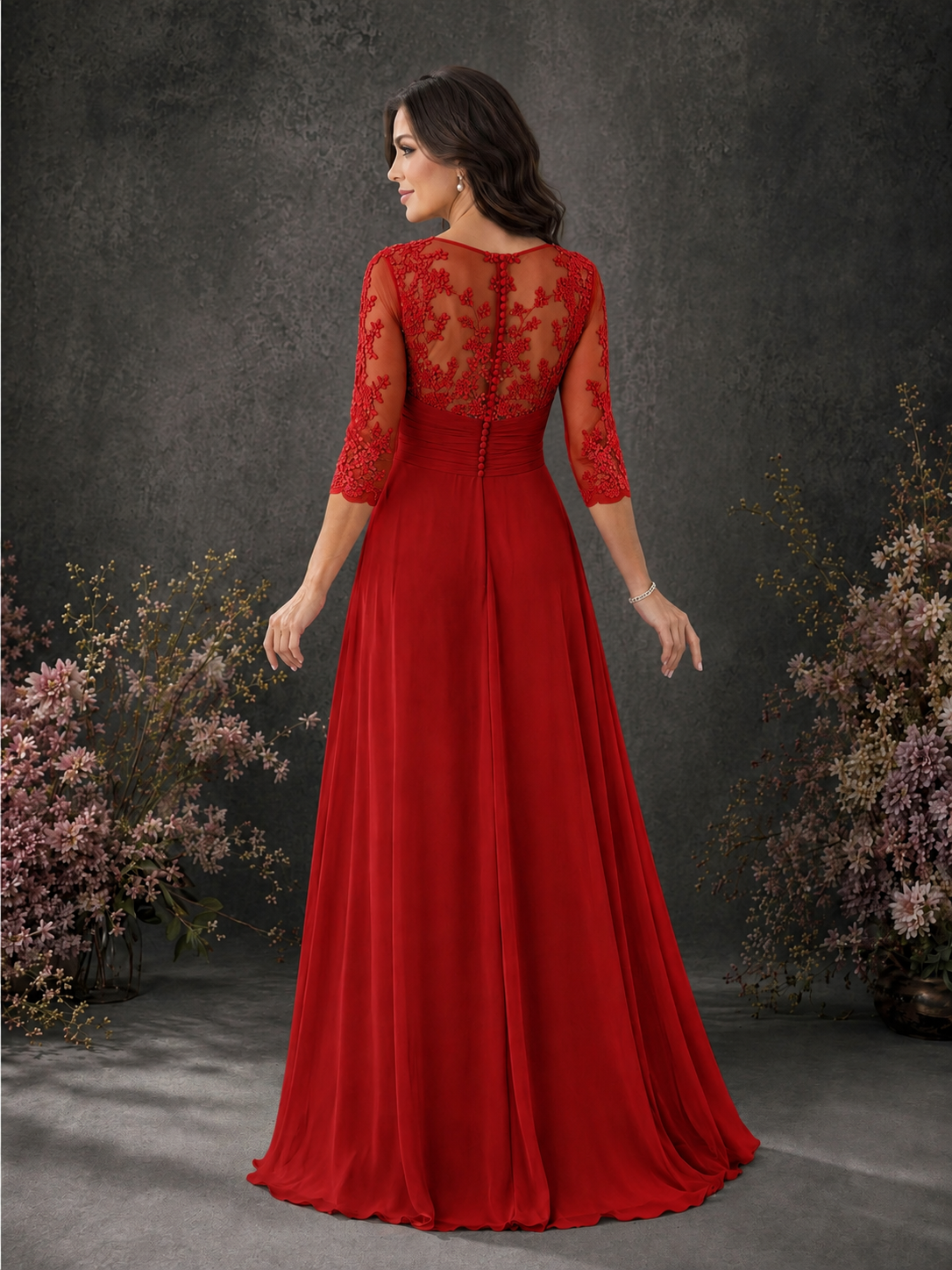 BOLODOO Red Chiffon Lace Illusion Neckline 3/4 Sleeve Floor Length Formal Gown - Red