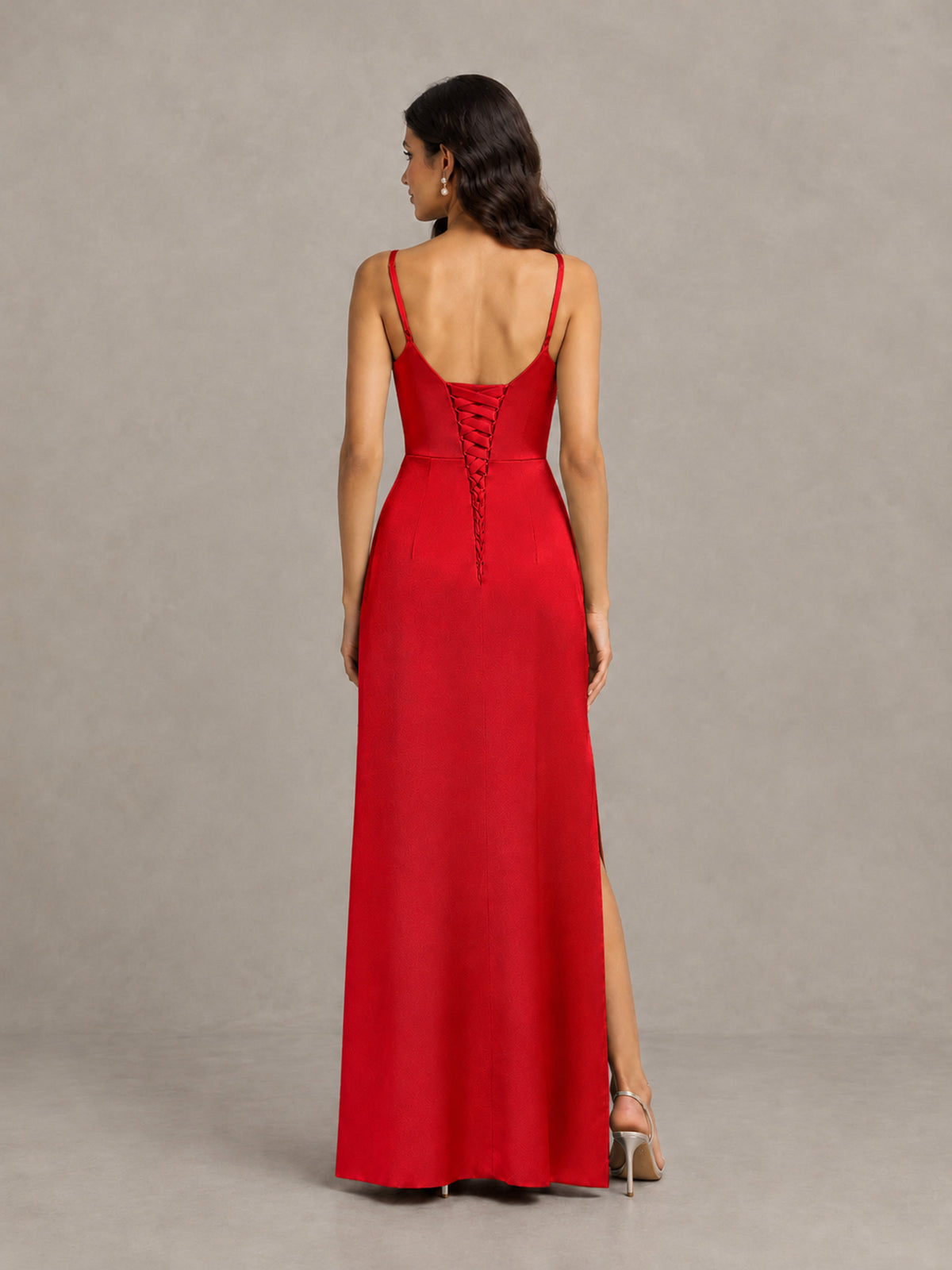 BOLODOO Red Cowl Neck Satin Bridesmaid Dress with Slit - Red - Red (2)