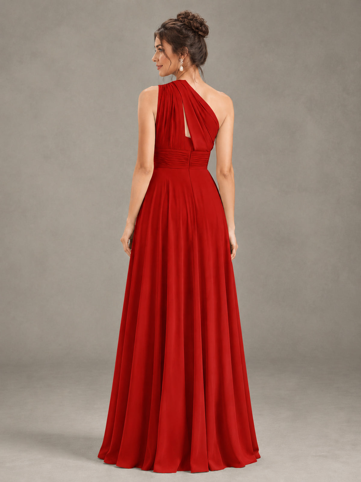 BOLODOO Red One-Shoulder Chiffon-Look Bridesmaid Dress - Red - Red (2)