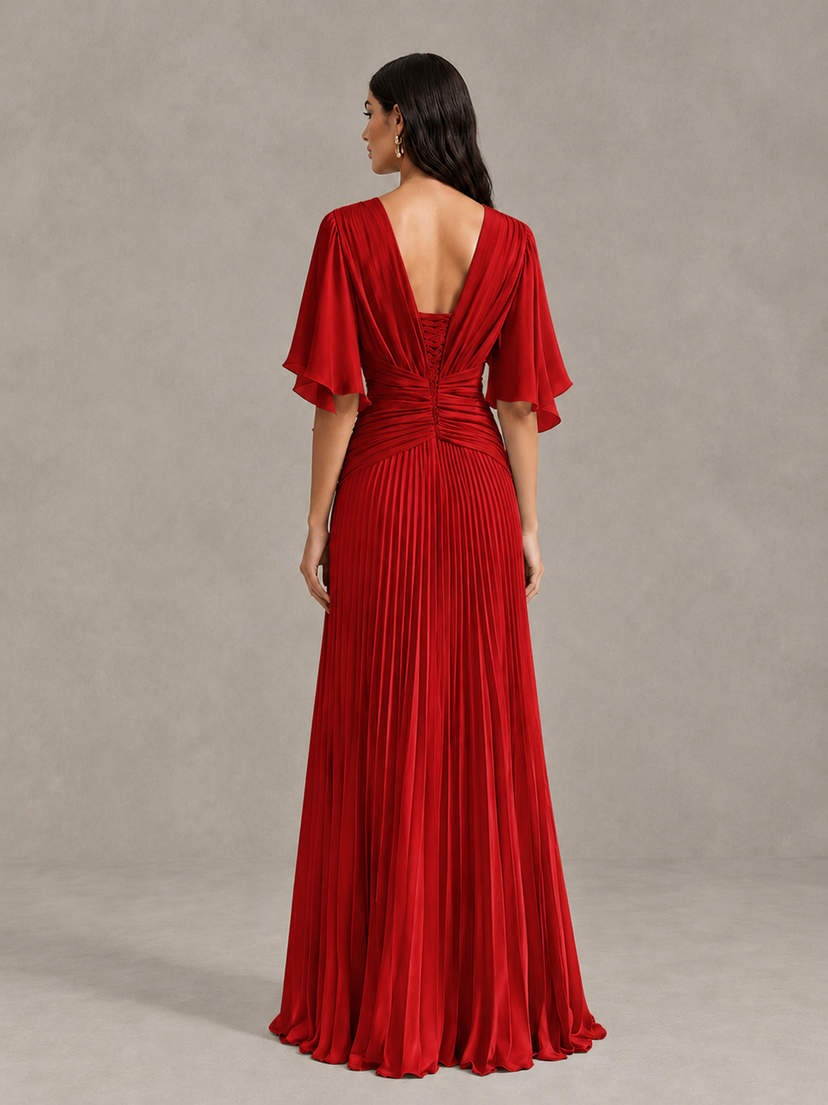 BOLODOO Red Pleated V-Neck Flutter Sleeve Bridesmaid Dress - Red - Red (2)