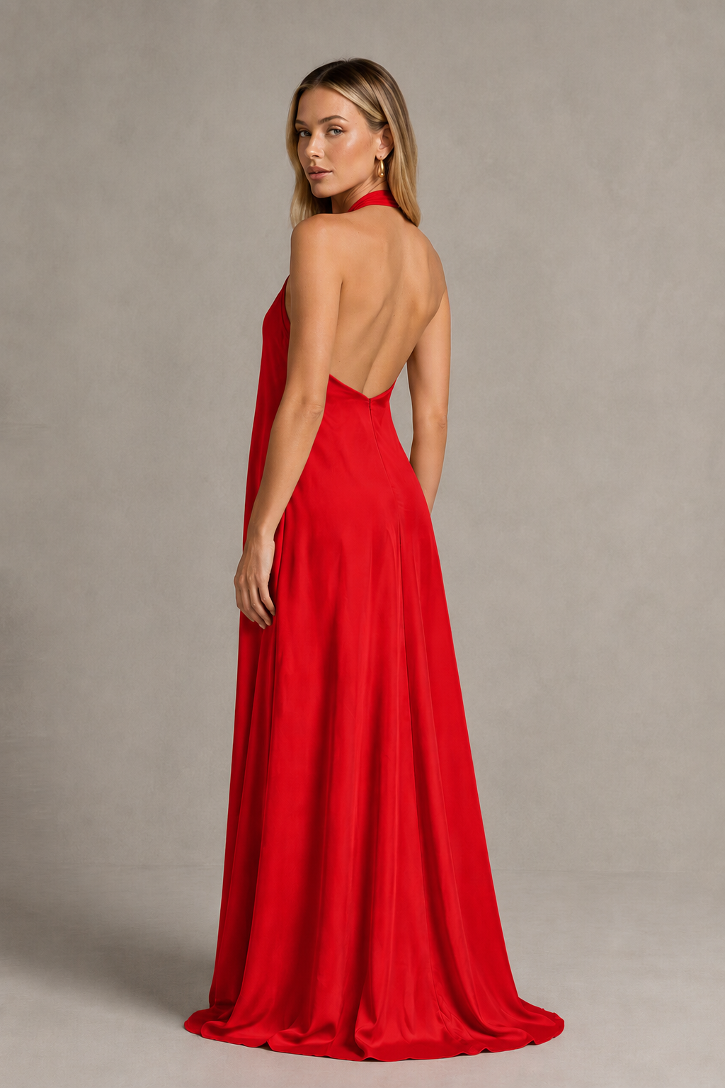 BOLODOO Red Backless Halter Satin Bridesmaid Dress - Red