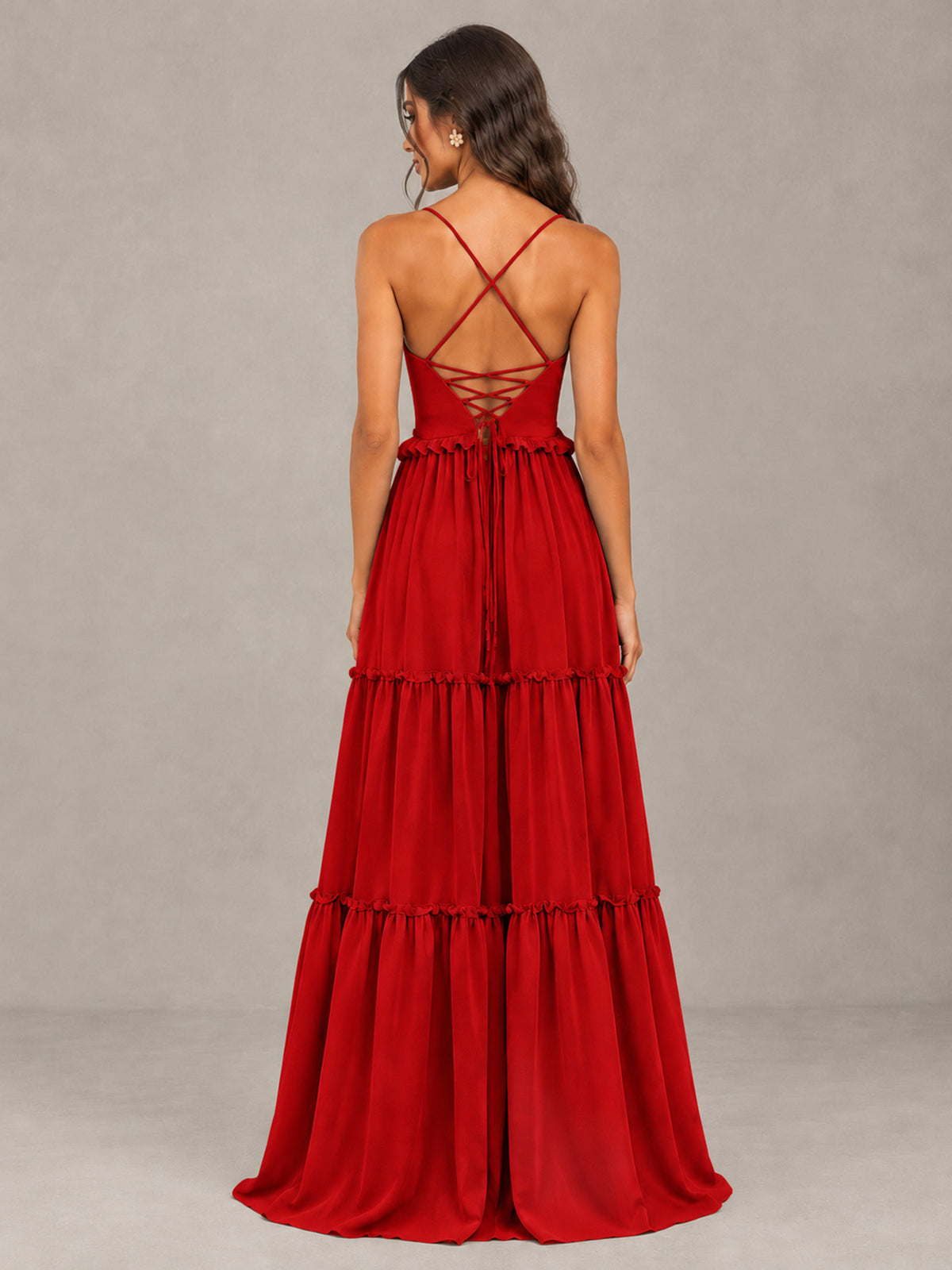 BOLODOO Red Tiered V-Neck Lace-Up Back Bridesmaid Dress - Red - Red (2)