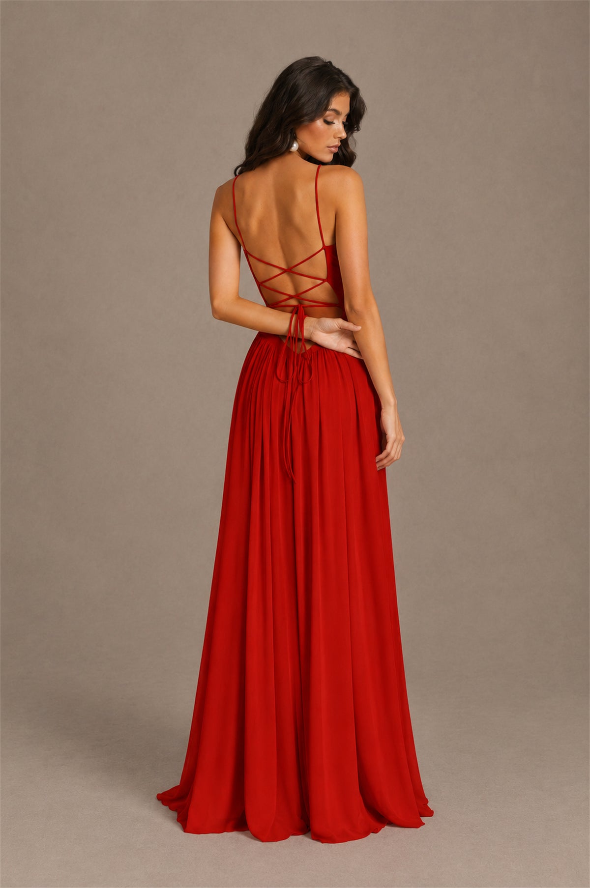 BOLODOO Red Spaghetti Strap Square Neck Ruched Chiffon Maxi Dress with Lace-Up Back - Red