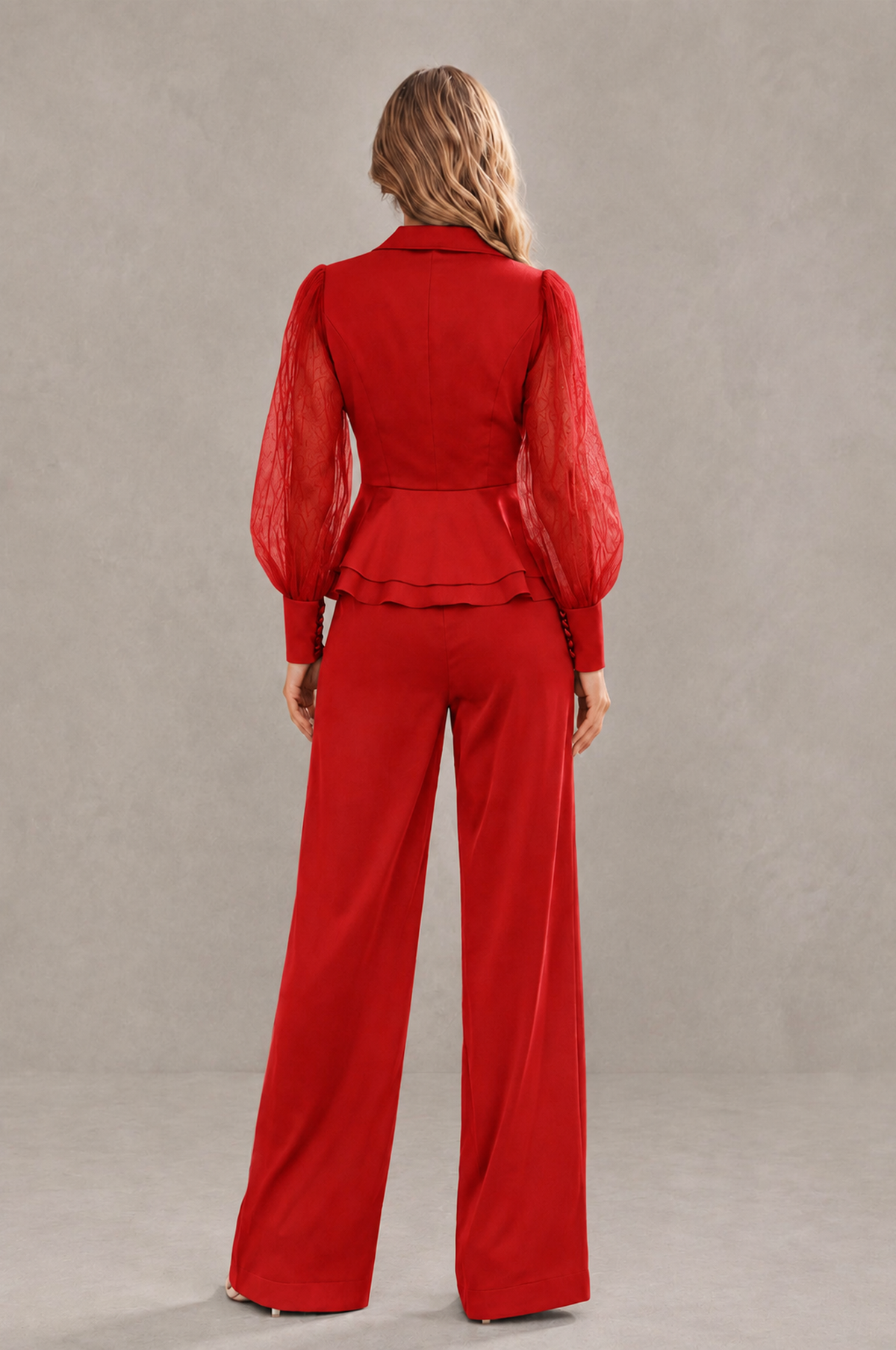 BOLODOO Mint Red Peplum Blazer Wide-Leg Pantsuit with Sheer Puff Sleeves - Red