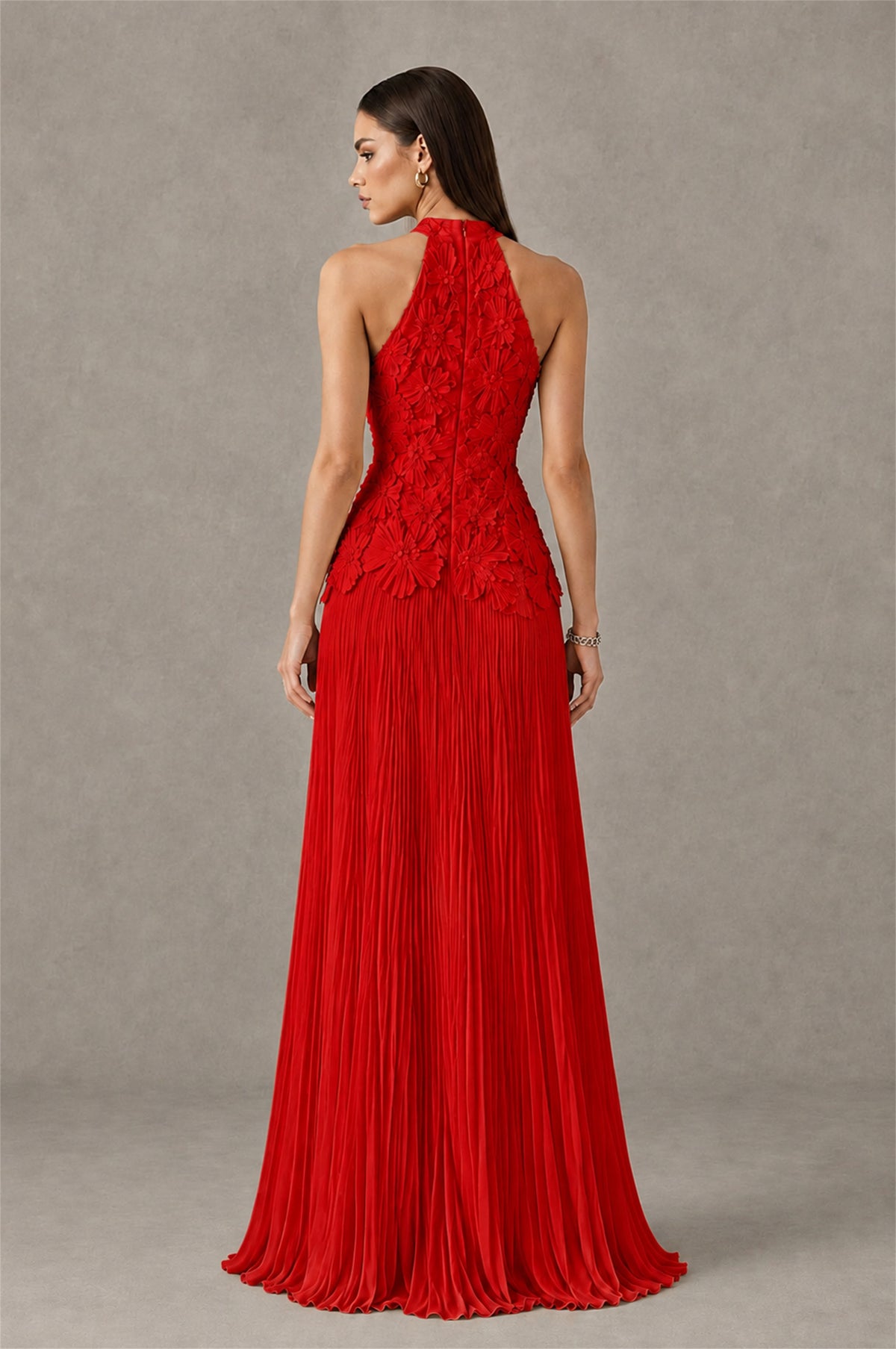 BOLODOO Red 3D Floral Applique Halter Neck Open Back Pleated Maxi Dress - Red