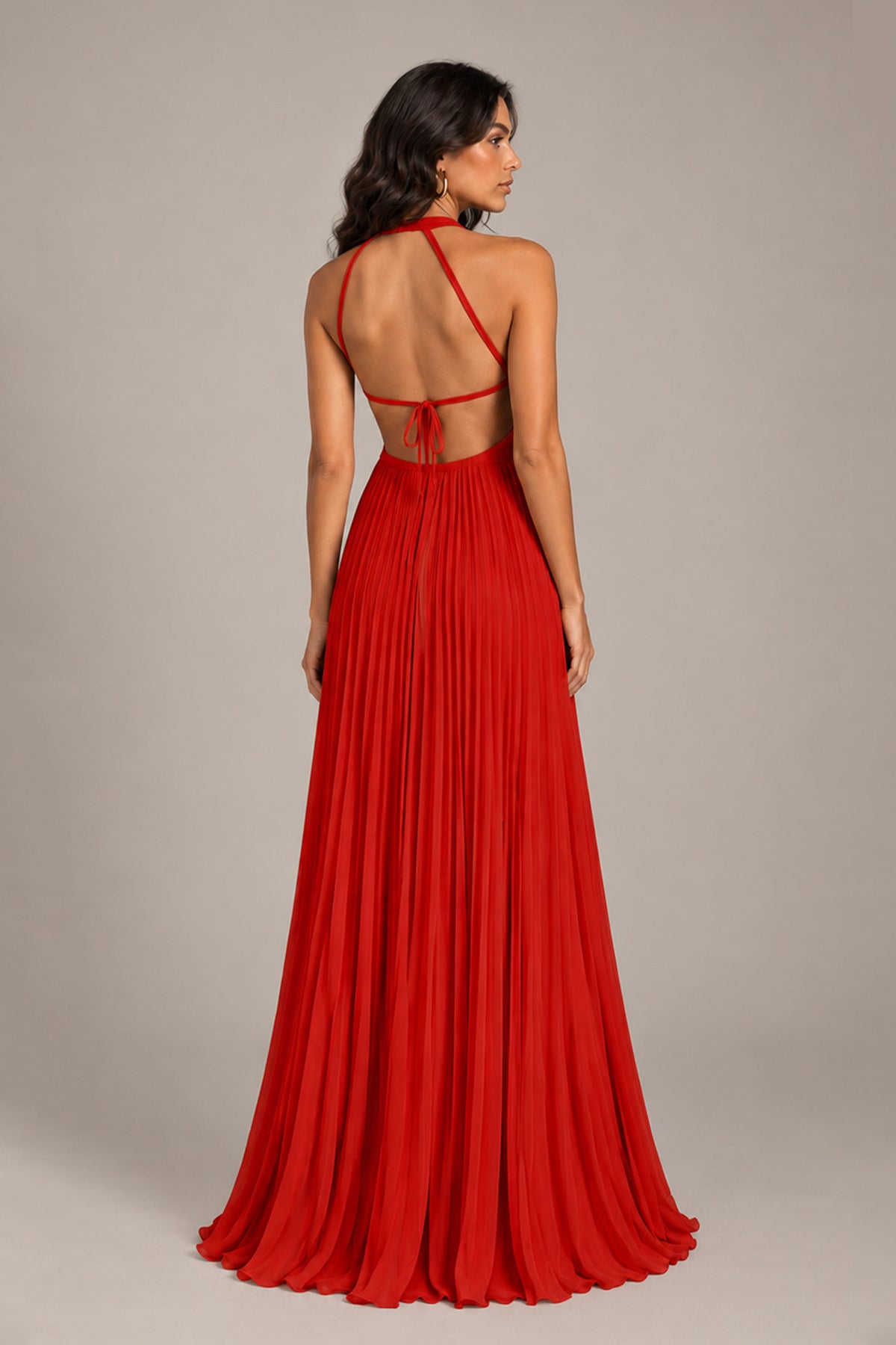 BOLODOO Red Halter Neck Pleated Chiffon Maxi Dress with Side Slit - Red
