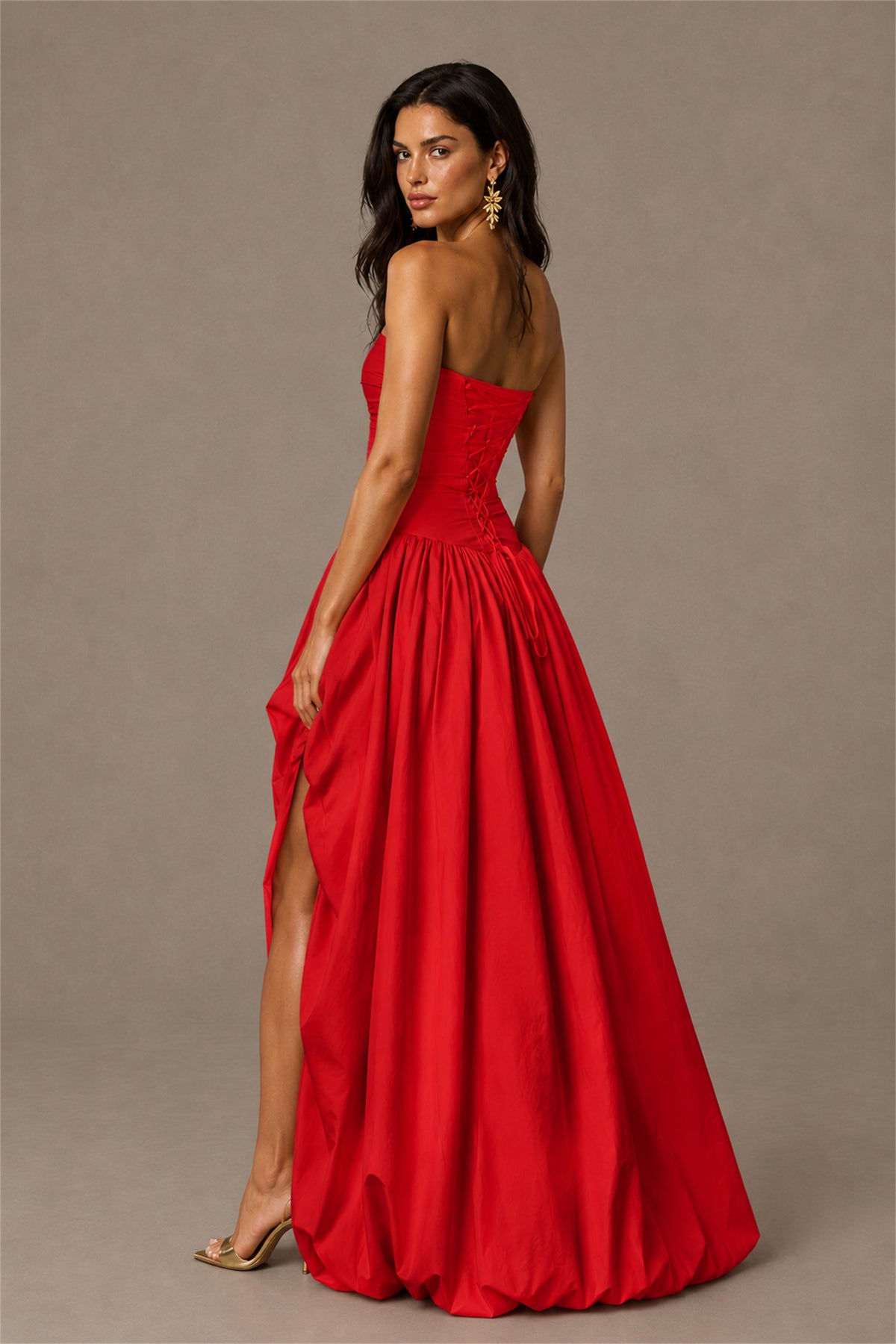 BOLODOO Red Strapless Ruched Corset Lace-Up Back Bubble Skirt High Slit Taffeta Maxi Dress - Red