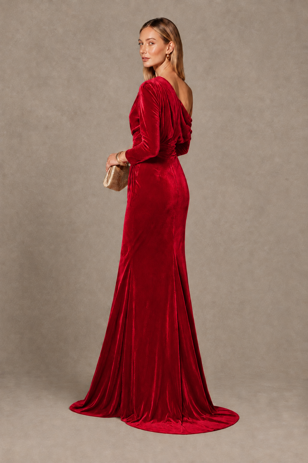 BOLODOO Red Velvet One-Shoulder Long Sleeve Evening Gown - Red