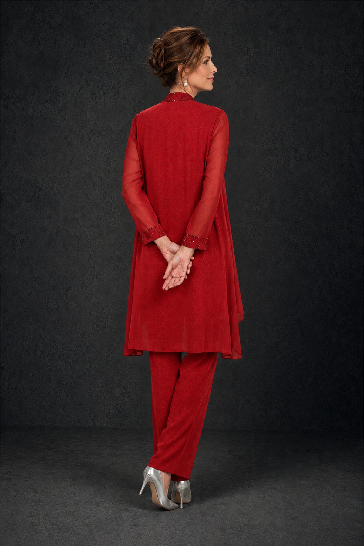 BOLODOO Red 3-Piece Beaded Chiffon Duster Jacket Pant Suit - Red