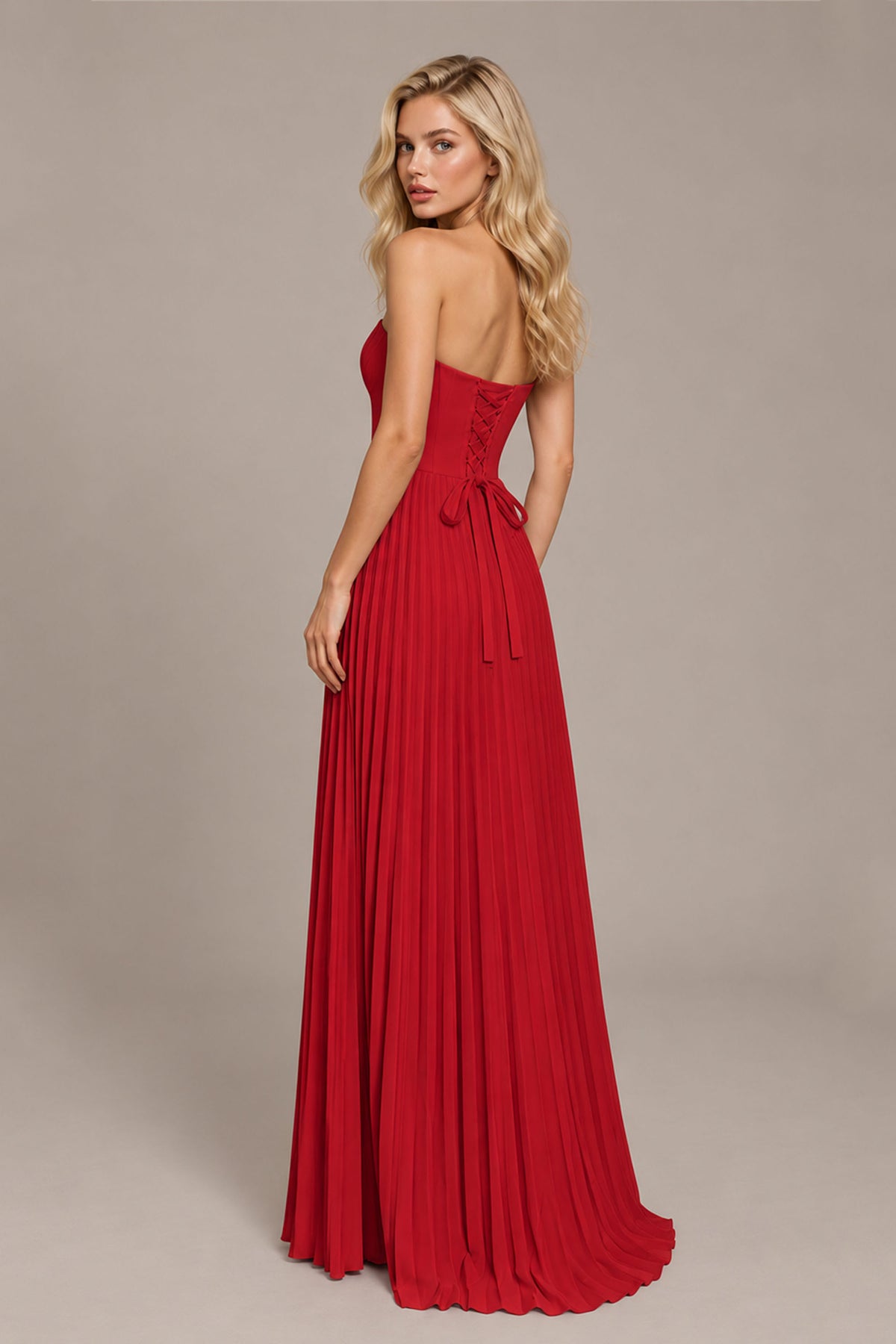 BOLODOO Red Strapless Sunburst Pleated Twisted Knot Lace-Up Back Accordion Pleated Chiffon Maxi Dress - Red