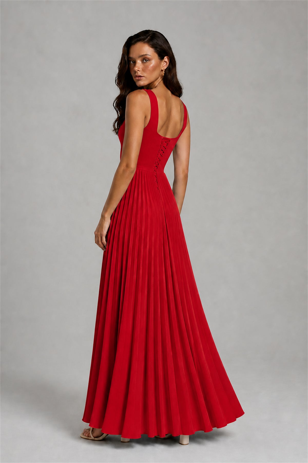 BOLODOO Red Square Neck Wide Strap Lace-Up Back Pleated A-Line Chiffon Maxi Dress - Red
