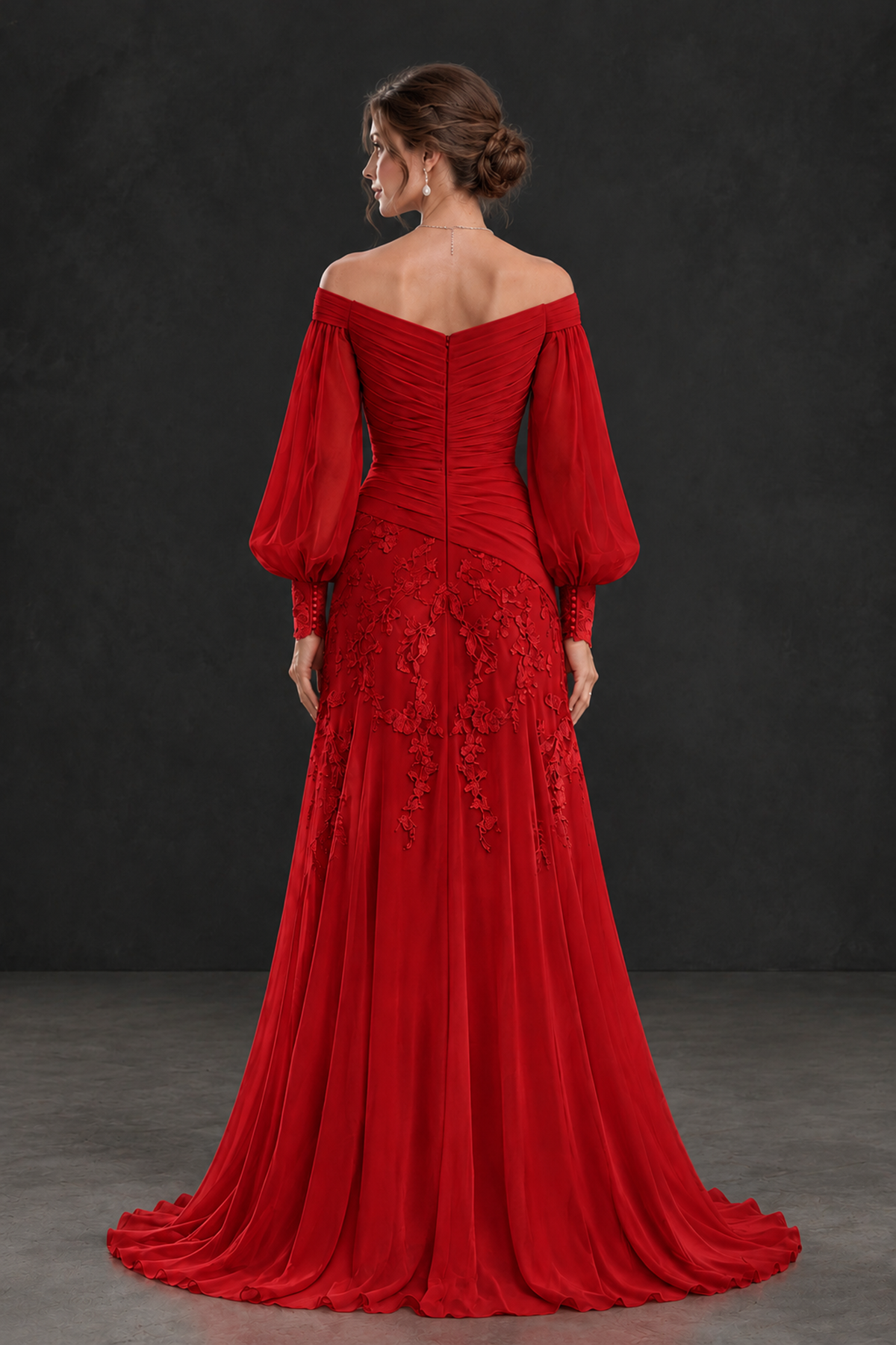BOLODOO Red Long Sleeve Mother of the Bride Dress with Floral Appliqués - Red - Red (2)