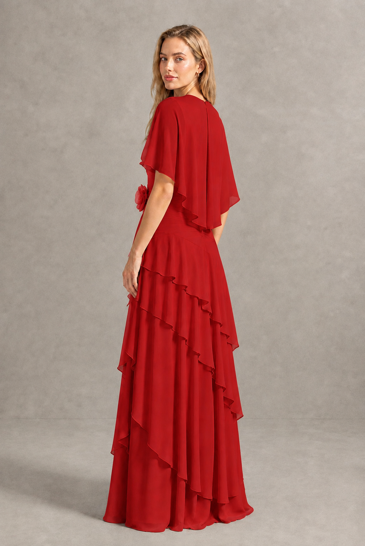 BOLODOO Red Chiffon Flutter Sleeve Tiered Maxi Dress with 3D Rosette - Red