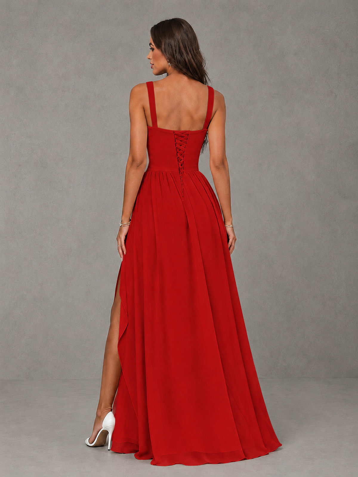BOLODOO Red A-Line Bridesmaid Dress with High Slit & Lace-Up Back - Red - Red (2)