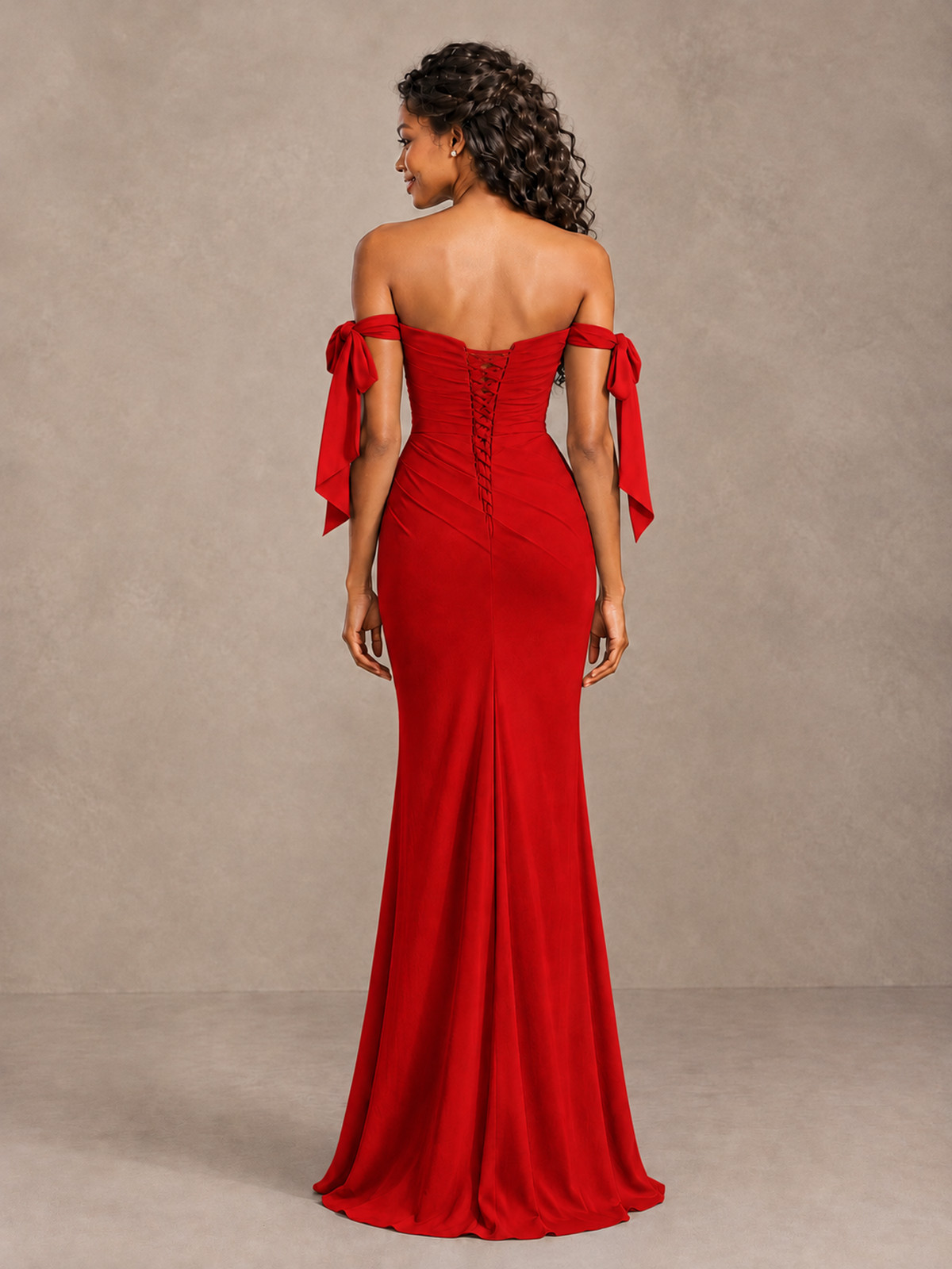 Red Off-Shoulder Bow Bridesmaid Dress with Slit - Red - Red (2)
