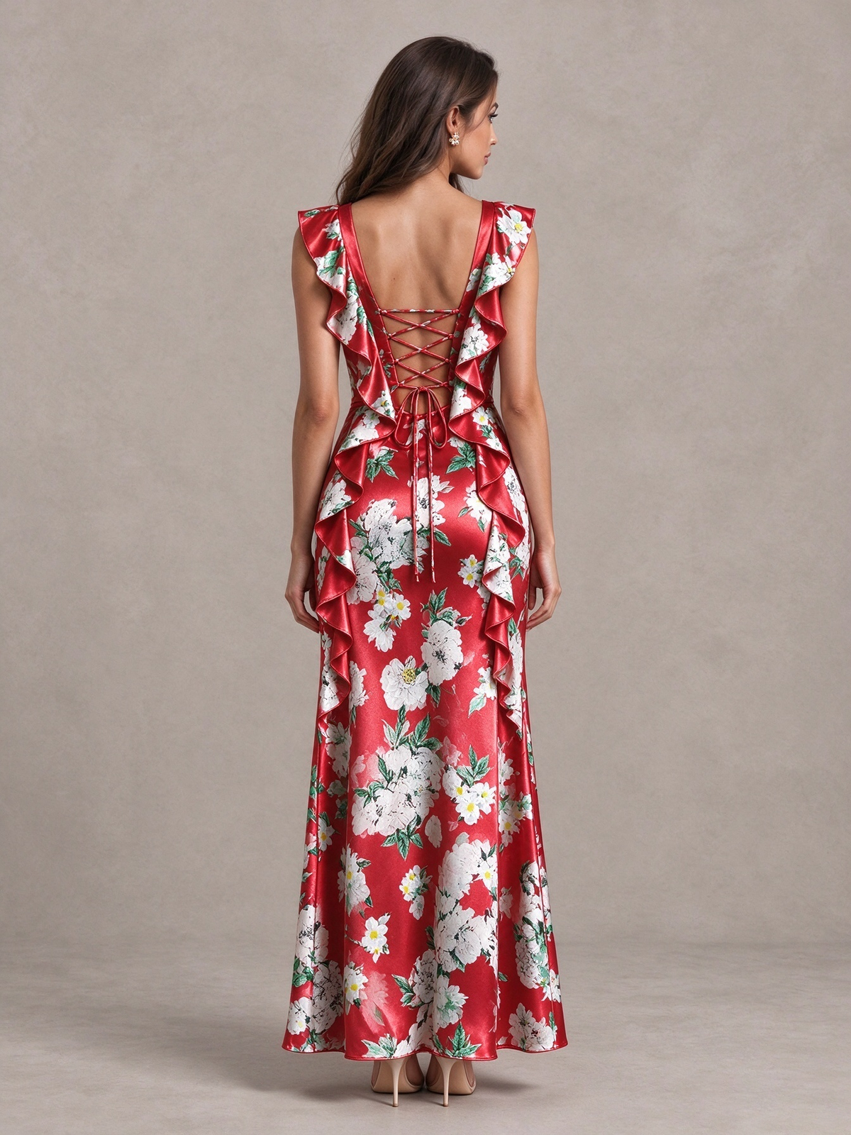 BOLODOO Red Floral Ruffle Lace-Up Bridesmaid Maxi Dress - Red - Red (2)