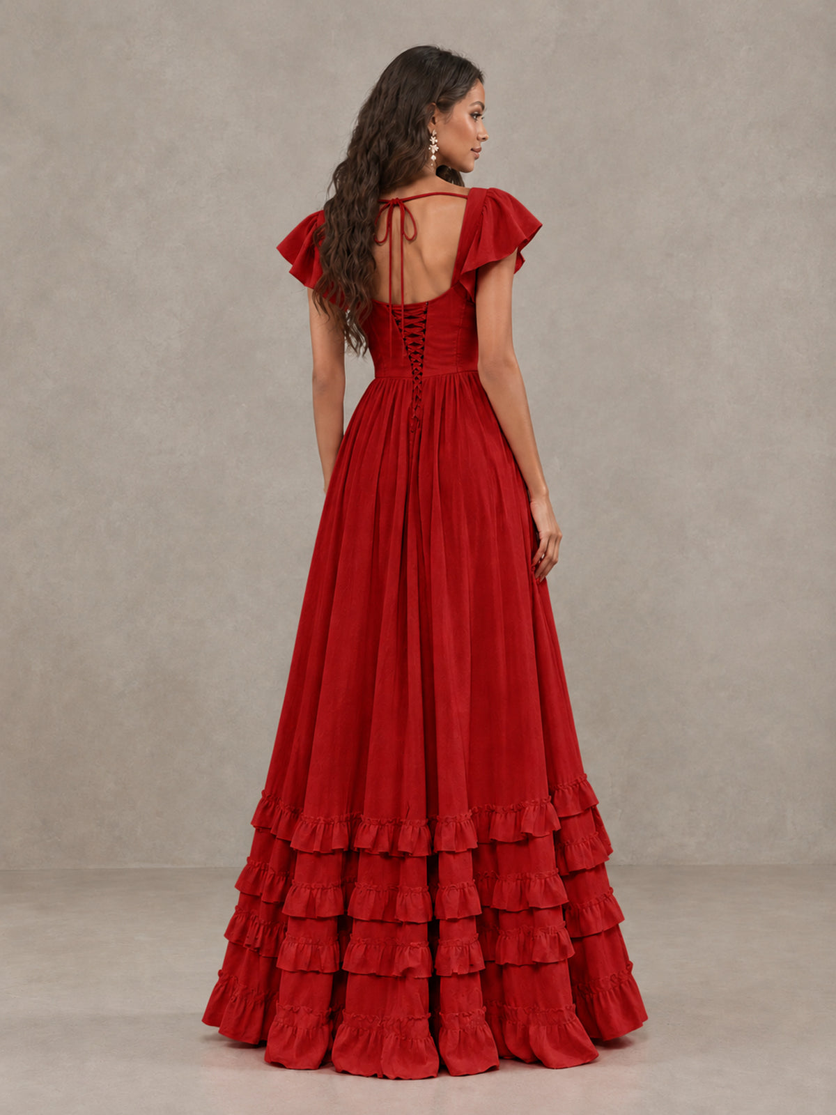 BOLODOO Red Flutter Sleeve Ruffle Bridesmaid Dress with Slit - Red - Red (2)
