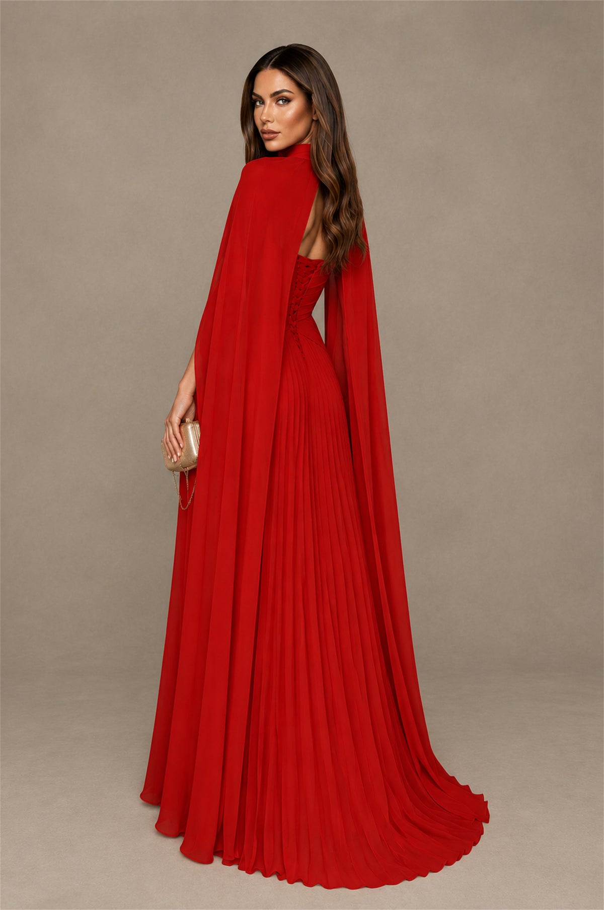 BOLODOO Red Strapless Crossover Ruched Bodice Detached Turtleneck Cape Lace-Up Back Pleated Chiffon Maxi Dress - Red